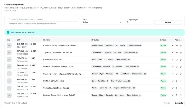 Pantalla de Catálogo de productos en la plataforma